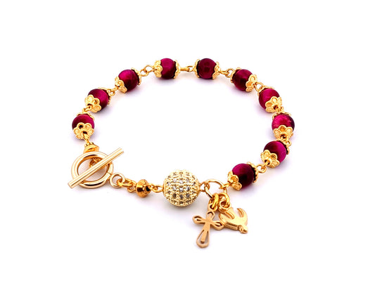 Holy Spirit unique rosary beads pink tigers eye gemstone single decade rosary bracelet with 18K gold plated crystal Our father bead.