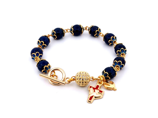 Holy Spirit unique rosary beads lapis lazuli gemstone single decade rosary bracelet with 18K gold plated crystal Our father bead.