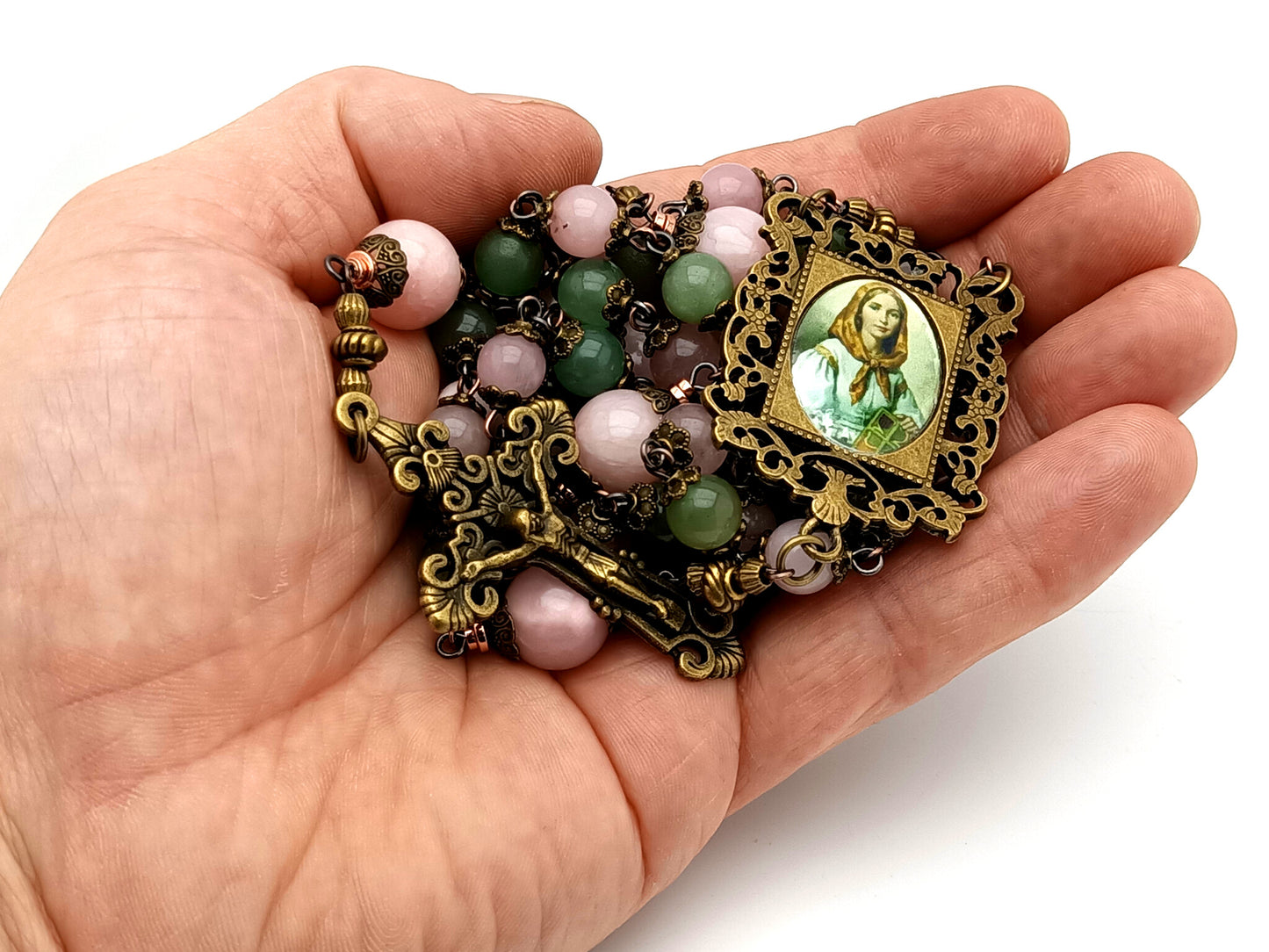 Saint Dymphna unique rosary beads pink and green agate and pink quartz gemstone rosary beads with bronze filigree crucifix.