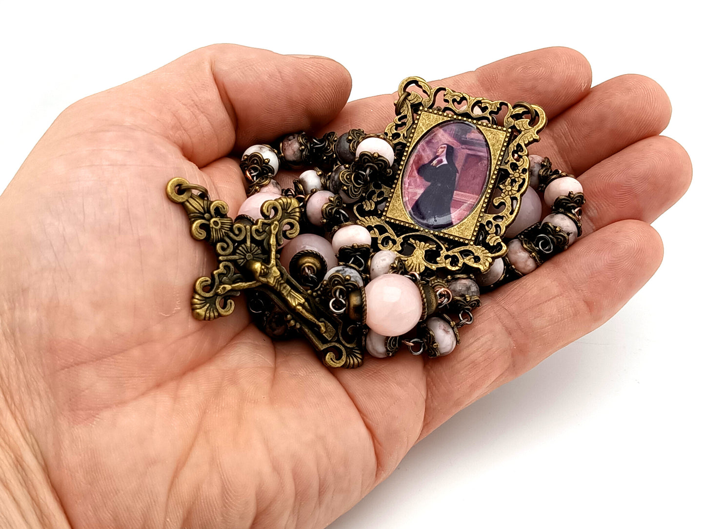 Saint Margaret Mary Alacoque unique rosary beads pink jasper and quartz gemstone rosary beads with bronze filigree crucifix.