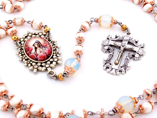 Immaculate Heart of Mary unique rosary beads freshwater pearl and opal gemstone rosary beads with filigree crucifix.