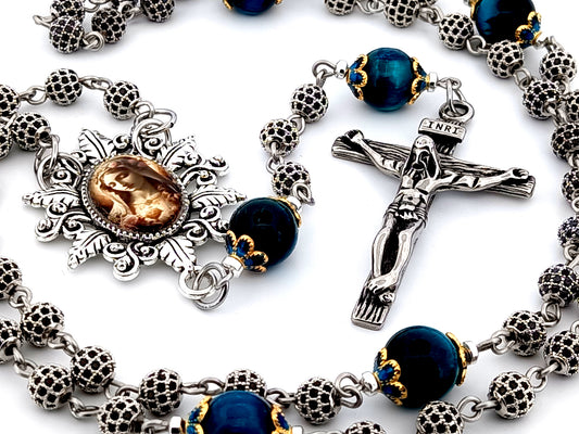 Immaculate Heart of Mary unique rosary beads cubic zirconia and tigers eye gemstone rosary beads with stainless steel crucifix.