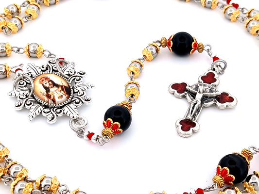 Christ The King unique rosary beads stainless steel and onyx gemstone rosary beads with rose enamel crucifix.