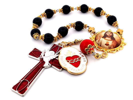 Sacred Heart of Jesus unique rosary beads large onyx gemstone single decade rosary beads with Holy Spirit cross and Sacred Heart medal.