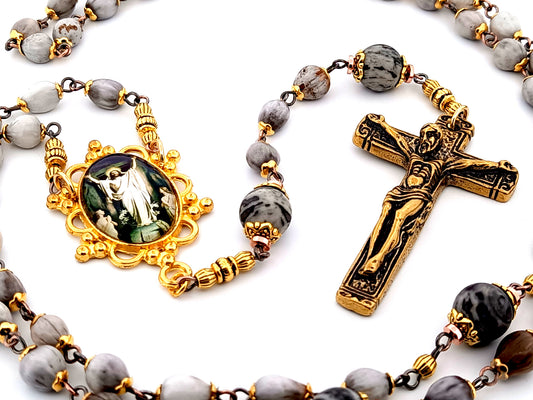 Christ's Resurrection unique rosary beads Jobs tears and jasper gemstone rosary with solid brass crucifix.