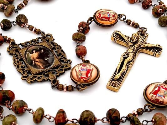 Saint Raphael unique rosary beads agate nugget gemstone and Saint Michael medal rosary with gold plated crucifix.