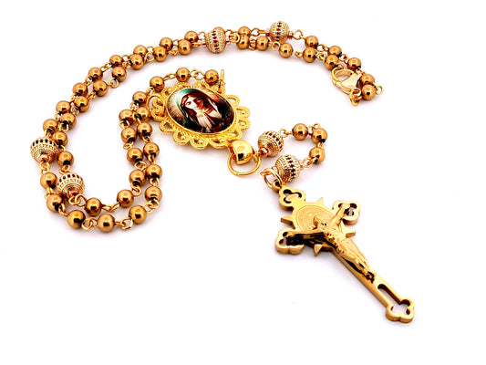 Our Lady at prayer unique rosary beads gold plated stainless steel and 18K gold plated cubic zirconia rosary with gold plated Saint Benedict crucifix.