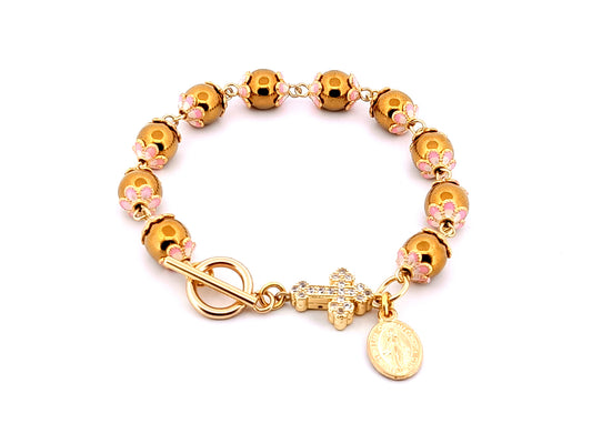 Miraculous medal unique rosary beads gold plated hematite gemstone single decade rosary bracelet with gold plated cubic zirconia cross.