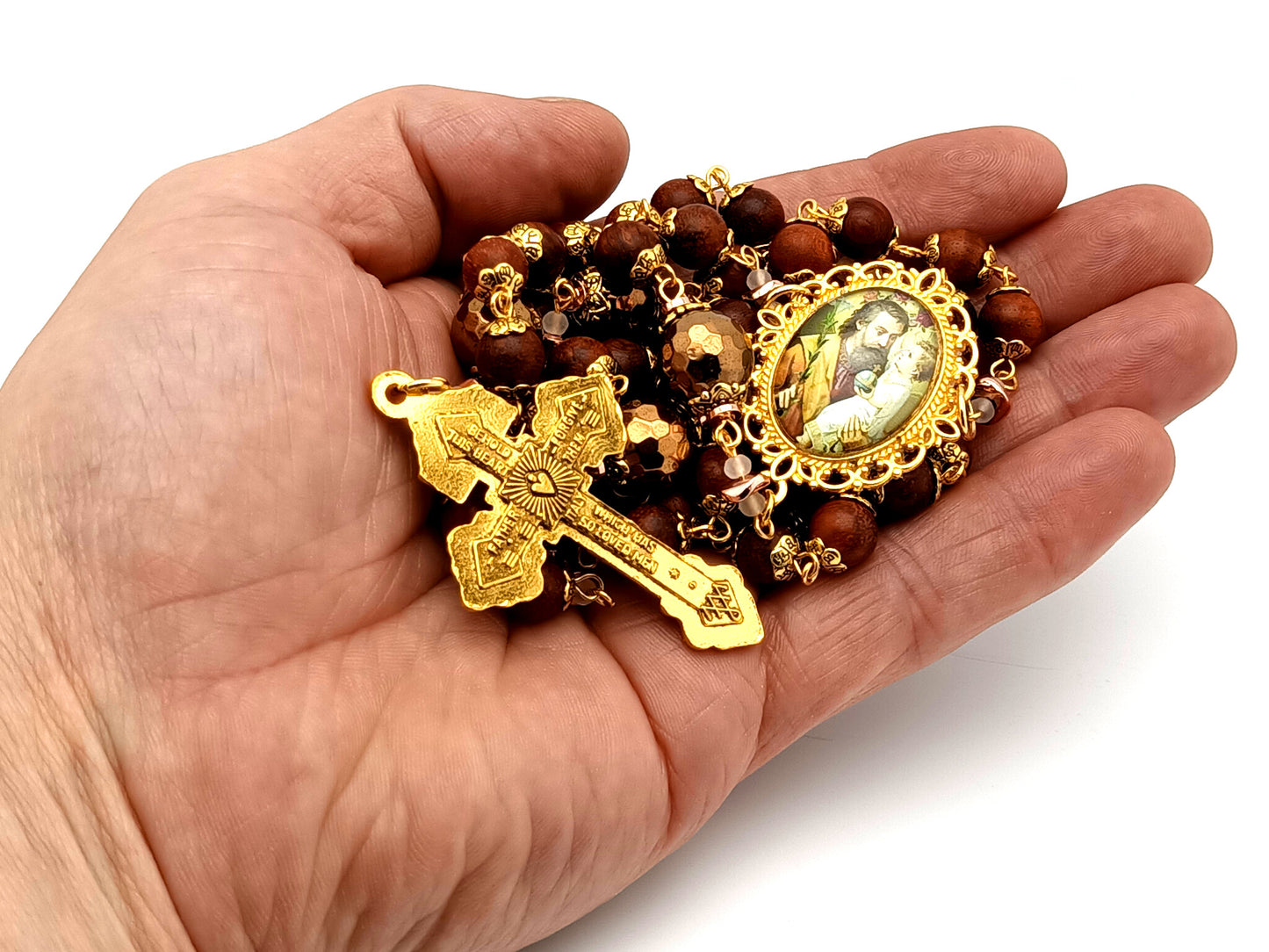 Saint Joseph and child Jesus unique rosary beads dark olive wood rosary with gold plated Pardon crucifix.