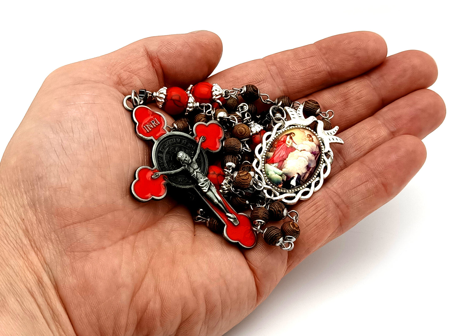 Saint Margaret Mary Alacoque unique rosary beads dark olive wood rosary with red enamel Saint Benedict crucifix.