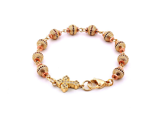 Unique rosary beads Cubic Zirconia 18K gold plated single decade rosary bracelet with gold plated cubic zirconia cross.