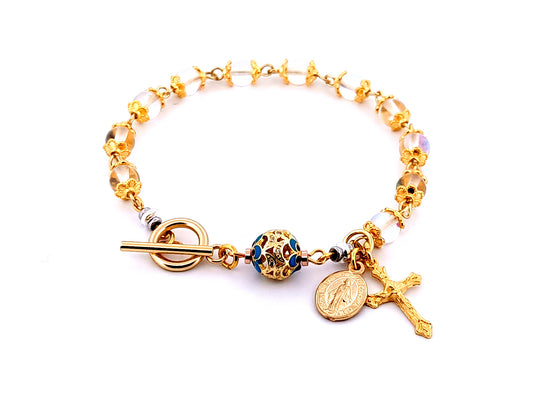Miraculous medal unique rosary beads angel aura crystal gemstone and 18K gold single decade rosary bracelet with gold plated crucifix.