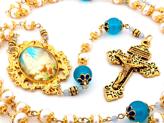 Our Lady of Fatima unique rosary beads freshwater pearl and blue glass rosary with gold plated Pardon crucifix.