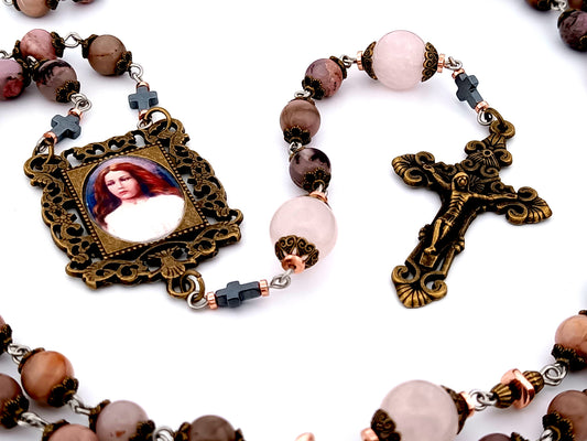 Saint Maria unique rosary beads Goretti rhodonite and pink quartz gemstone rosary with bronze filigree crucifix.