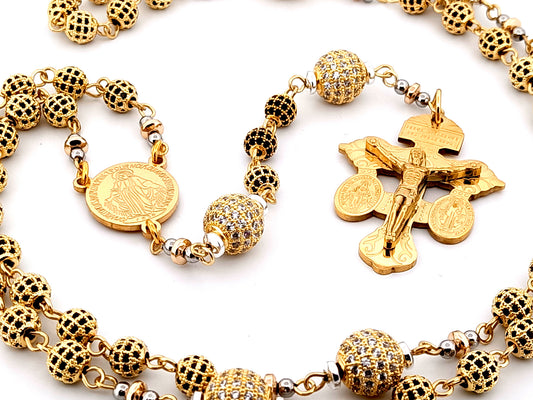 Miraculous Medal unique rosary beads 18K gold plated cubic zirconia rosary with gold plated double Pardon crucifix.