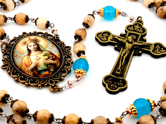 Immaculate Heart of Mary unique rosary beads large jade gemstone and blue glass rosary with brass twelve apostles crucifix.