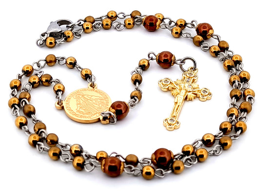 Miraculous Medal unique rosary beads hematite gemstone wearable miniature rosary necklace with gold plated crystal sunburst crucifix.