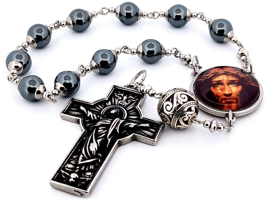 Holy Face unique rosary beads hematite gemstone single decade rosary with stainless steel Resurrection crucifix.