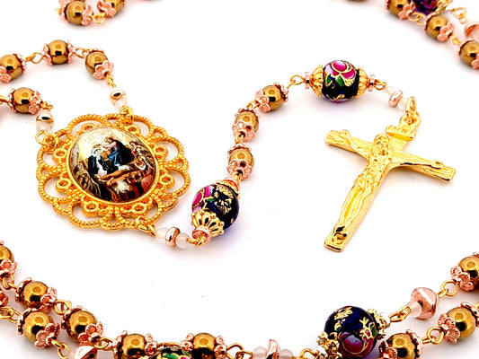 Coronation of Our Lady unique rosary beads gold plated hematite gemstone rosary with gold plated crucifix.