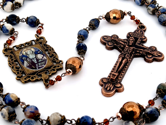 Saint Margaret of Scotland unique rosary beads sodalite and copper hematite gemstone rosary with copper crucifix.
