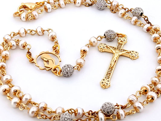 Virgin Mary unique rosary beads freshwater pearl and silver cubic zirconia rosary with gold plated crystal crucifix.