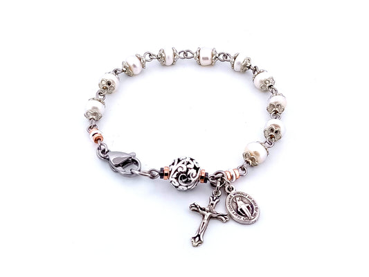 Miraculous Medal unique rosary beads fresh water pearl and silver lattice single decade rosary bracelet with small crucifix.