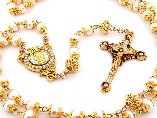 Virgin Mary unique rosary beads freshwater pearl and silver lattice rosary with gold plated pewter and pearl crucifix.