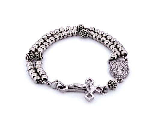 Miraculous Medal unique rosary beads silver cubic zirconia single decade rosary bracelet with stainless steel Saint Benedict crucifix.