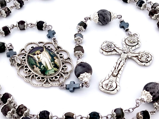 The Resurrection unique rosary beads jasper and labradorite gemstone rosary with four Basilicas crucifix.