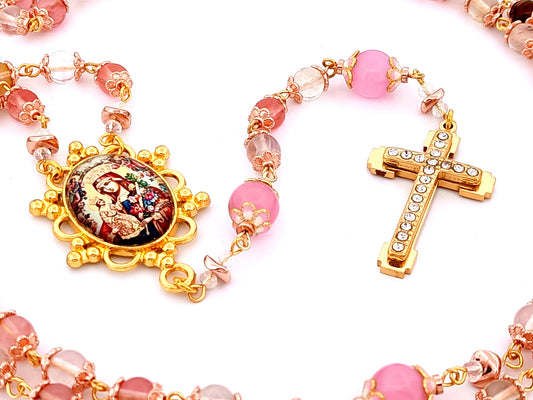 Our Lady of Perpetual Help unique rosary beads quartz gemstone and pink cats eye glass rosary with gold plated cubic zirconia cross.