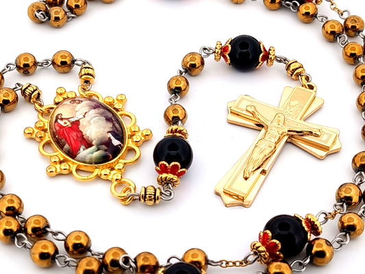 Saint Margret Mary Alacoque and The Sacred Heart unique rosary beads gold plated hematite and onyx gemstone rosary with gold plated crucifix.
