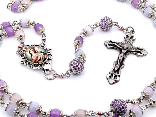 Our Lady of Perpetual Succor unique rosary beads aqua marine, rose quartz and amethyst gemstone rosary with pewter filigree crucifix.