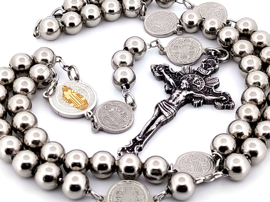 Saint Benedict unique rosary beads wearable stainless steel rosary with stainless steel sunburst crucifix.