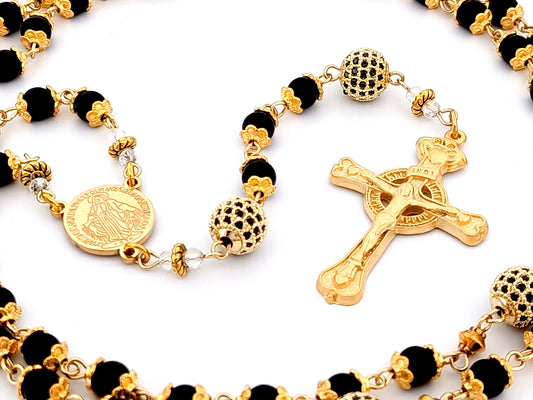 Miraculous Medal unique rosary beads onyx gemstone and gold cubic zirconia rosary with gold plated pewter Claddagh crucifix.