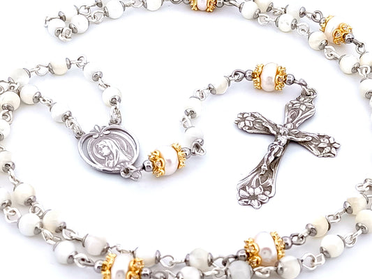 Saint Bernadette Lourdes unique rosary beads 925 sterling silver wearable mother of pearl rosary with sterling silver lily crucifix.