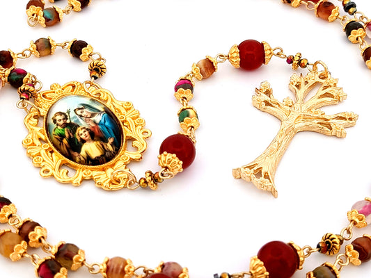 Holy Family unique rosary beads agate gemstone and red glass rosary beads with gold plated pewter dogwood crucifix.