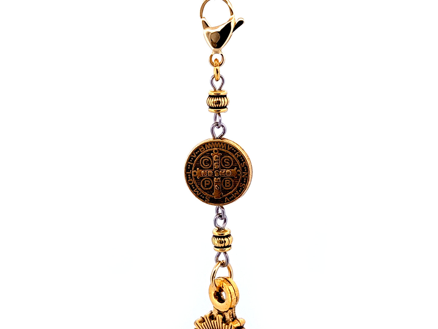 Our Lady of the Pilar gold plated medal key fob with Saint Benedict medal and lobster clasp.