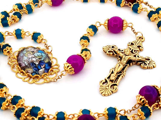 Saint Dominic and Our Lady of the Rosary unique rosary beads glass and gold rosary with gold plated filigree crucifix.