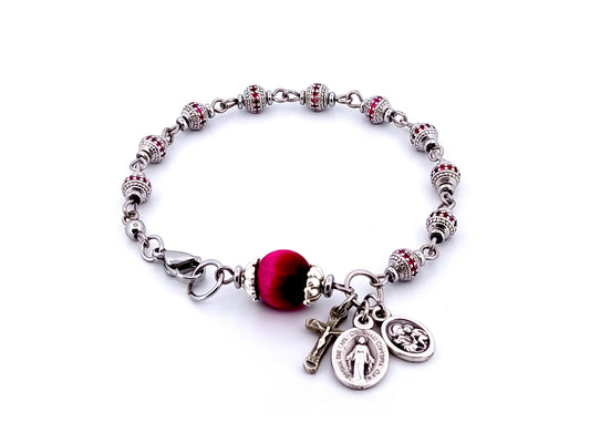 Miraculous Medal and Saint Joseph unique rosary beads cubic zirconia and tigers eye gemstone single decade rosary bracelet with small crucifix.
