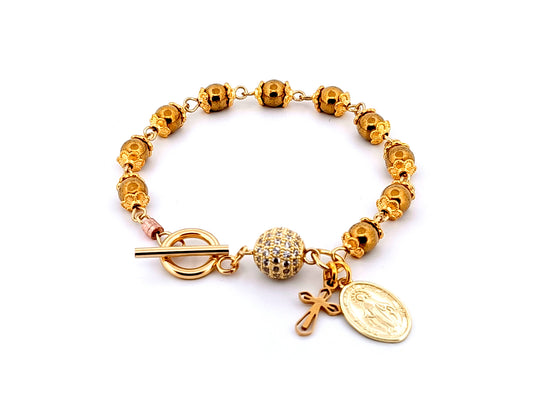 18K gold plated 925 sterling silver Miraculous medal and cubic zirconia single decade rosary bead bracelet with small gold plated cross.