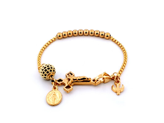 Miraculous Medal unique rosary beads 18k gold plated and cubic zirconia single decade rosary bead bracelet with gold plated Saint Benedict crucifix.