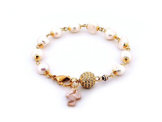 Mother of Pearl cross single decade rosary bracelet with freshwater pearls and 18K gold plated cubic zirconia beads.