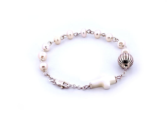 Natural pearl and 925 sterling silver single decade rosary bracelet with mother of pearl cross.