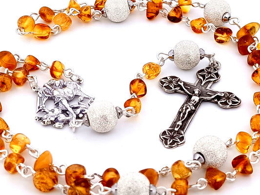 Saint Michael unique rosary beads amber gemstone and 925 sterling silver rosary with 925 sterling silver lily crucifix.