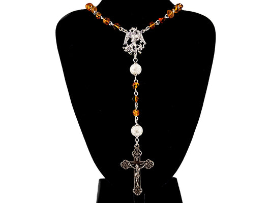 Saint Michael unique rosary beads amber gemstone and 925 sterling silver rosary with 925 sterling silver lily crucifix.