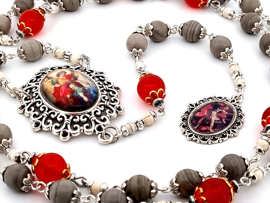 Saint Michael the Archangel unique rosary beads jasper and ruby gemstone prayer chaplet.