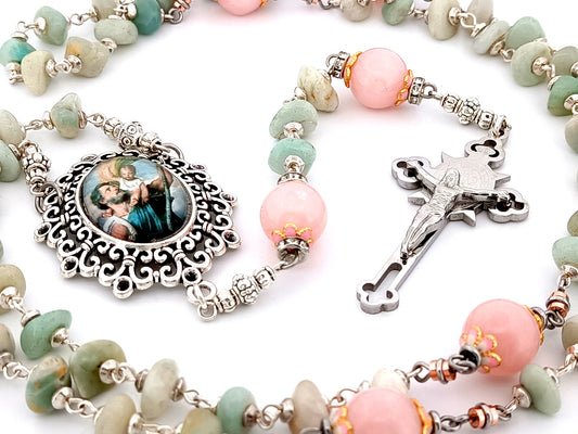 Saint Christopher unique rosary beads aqua marine and rose quartz gemstone rosary with Saint Benedict crucifix.