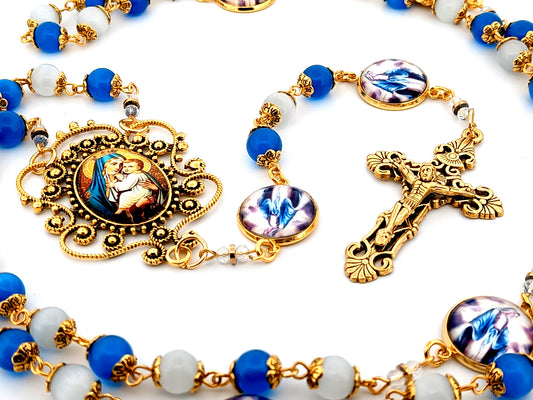 Our Lady of Perpetual Help unique rosary beads blue and opal glass rosary with gold plated filigree crucifix.