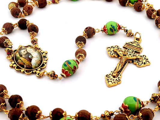 Saint Joseph dark olive wood and green porcelain unique rosary beads with gold plated Pardon crucifix.