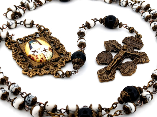 Saint Athanasius howlite and onyx gemstone unique rosary beads with bronze double Pardon crucifix.